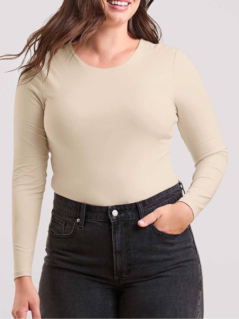 Nuuds Long Sleeve Crewneck Bodysuit Bone Off White Thong Style Stretchy Size MED